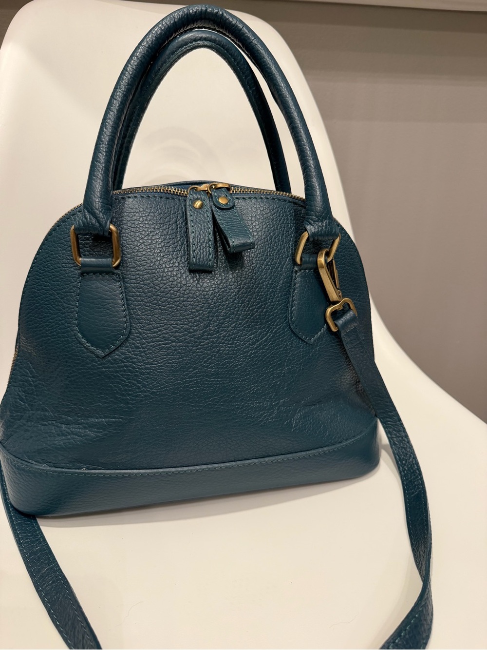 Teal Leather Dome Satchel Handbag Bolide Shape 100% Italian Leather